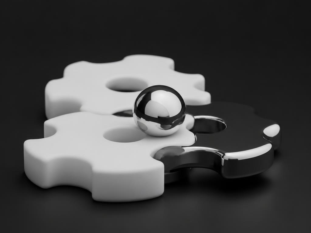Interlocking white gears with a chrome sphere representing ongoing maintenance