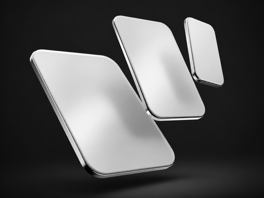 Three floating rounded slabs representing desktop, tablet and phone