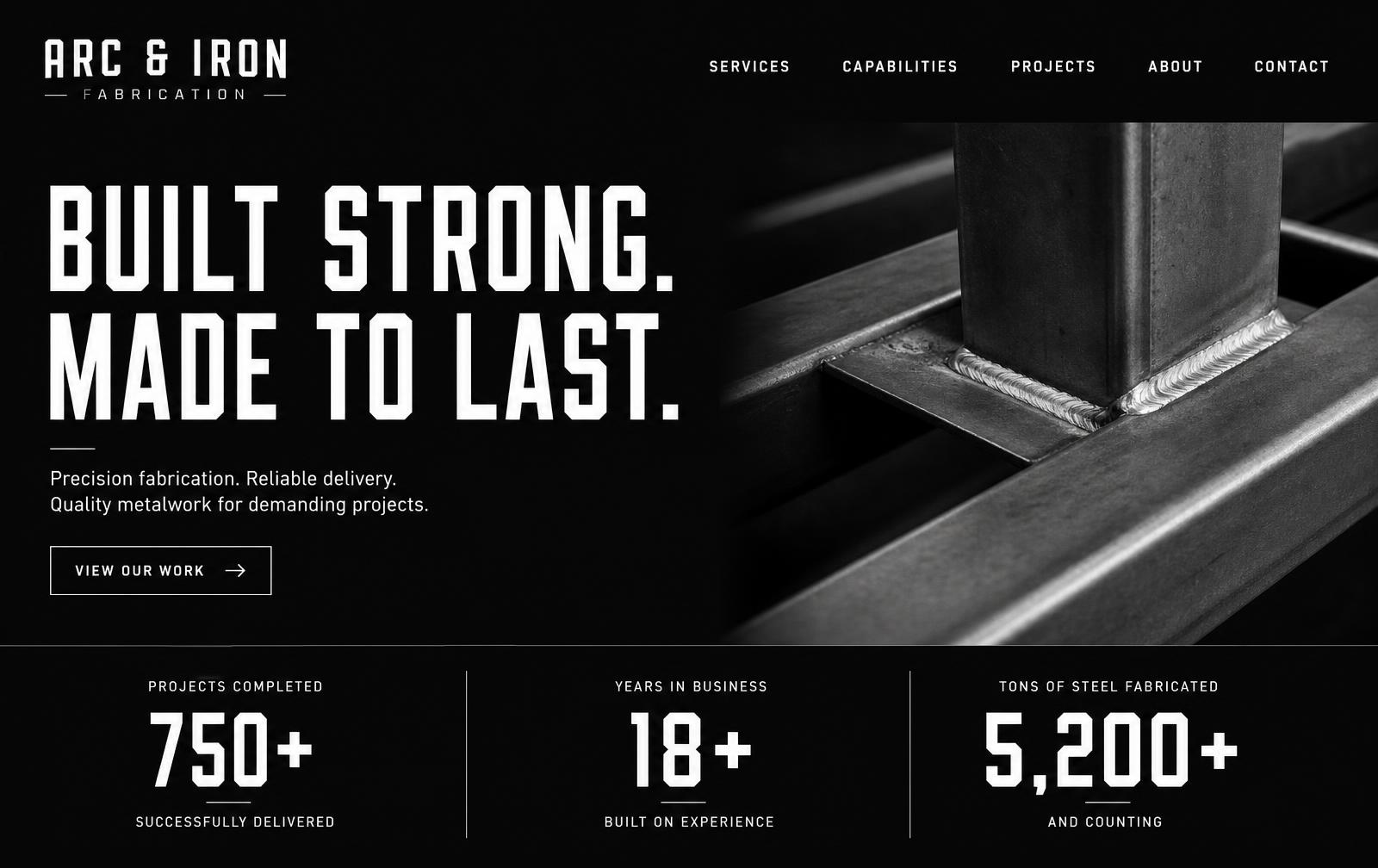Arc & Iron Fabrication homepage — dark industrial hero with stat blocks