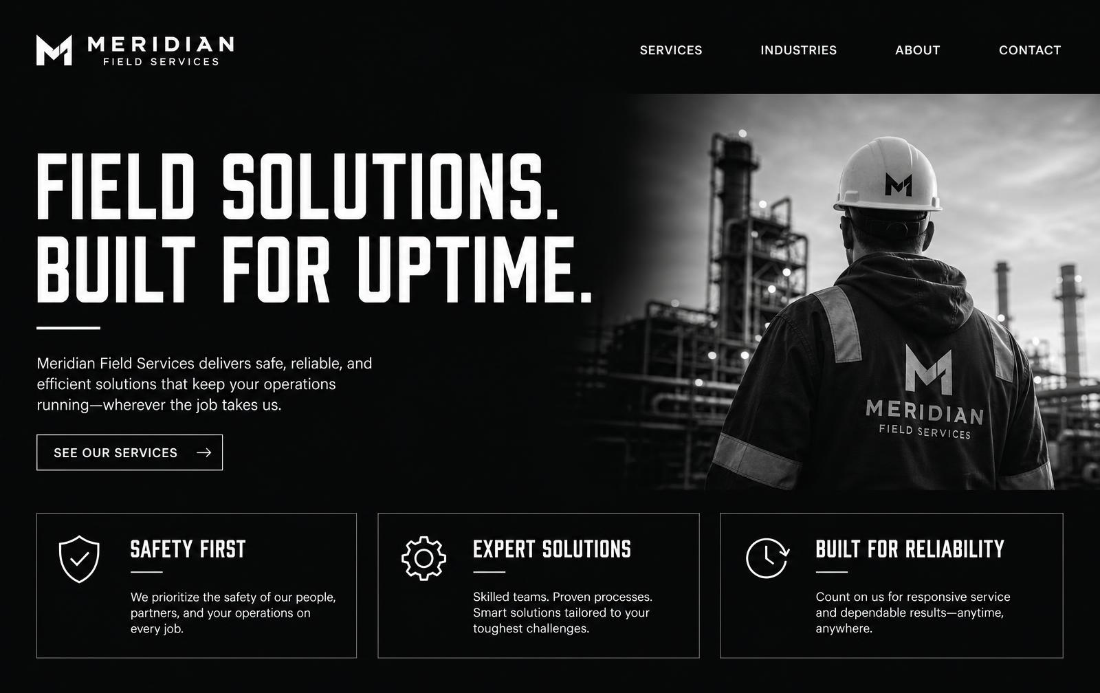Meridian Field Services homepage — bold monochrome industrial layout