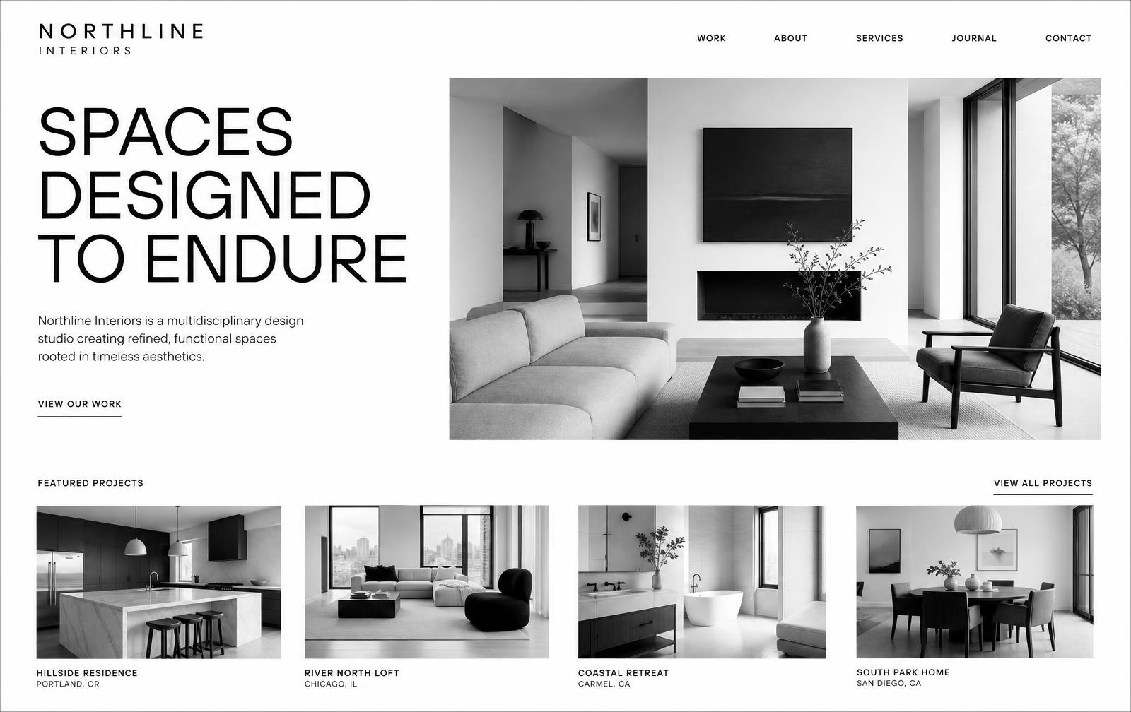 Northline Interiors homepage — editorial black and white project grid